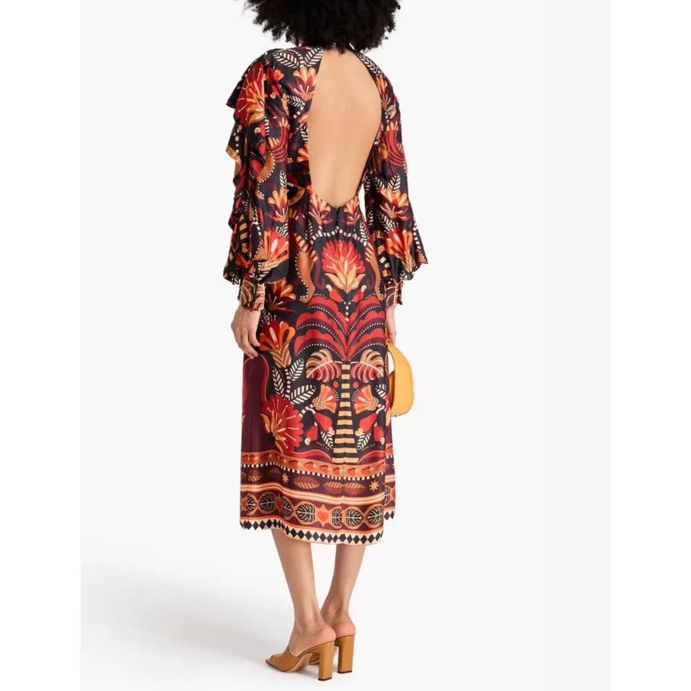 Farm Rio Ruffled Printed Satin Midi Dress - Picture 3 of 11